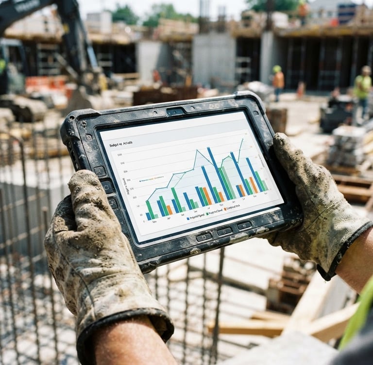 Close-up of a rugged tablet displaying a real-time construction budget graph, held by hands wearing dirty work gloves, bright daylight, high contrast, 35mm