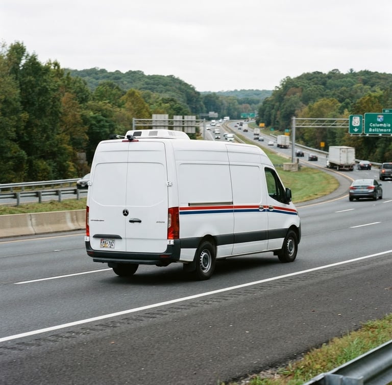 Branded expedited transport van driving on a regional highway in Maryland, crisp morning light, sharp focus, 35mm lens