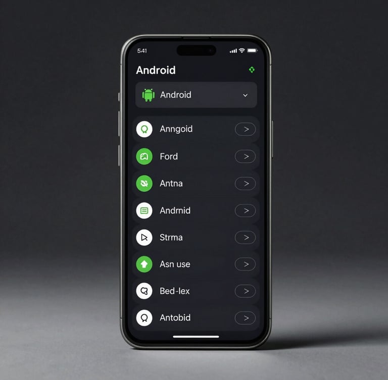 A high-fidelity mockup of a flagship Android phone showing a clean, dark-mode minimalist task list UI, dramatic studio side-lighting, vibrant green accents
