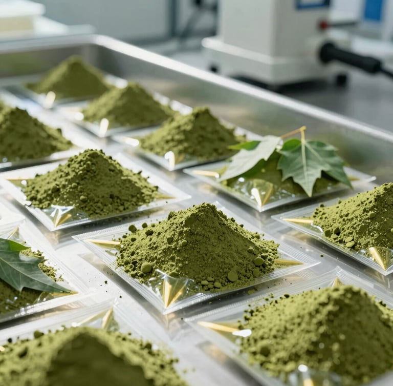 Wide-angle editorial shot of clean, green Moringa leaf powder being packaged in a high-tech clinical facility, bright natural sunlight, premium agricultural corporate feel.