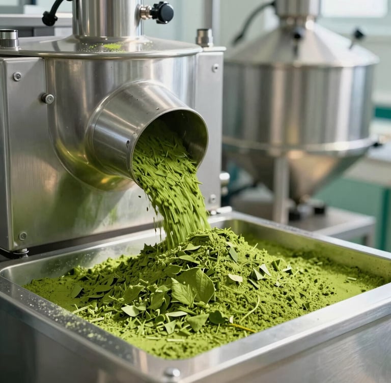 Sharp editorial agricultural photograph of clean, modern stainless steel processing facility with vibrant green leaf powder being packaged under clinical lighting
