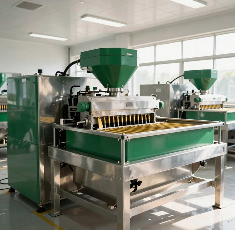 Wide-angle editorial photograph of a high-tech stainless steel Moringa processing facility, clean clinical lighting, sharp focus on industrial milling equipment, rich deep green accents, 35mm
