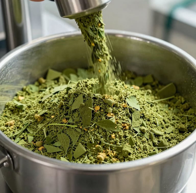 Close-up of vibrant green Moringa leaf powder being processed in a clean, high-tech stainless steel facility, bright clinical lighting, high-detail focus