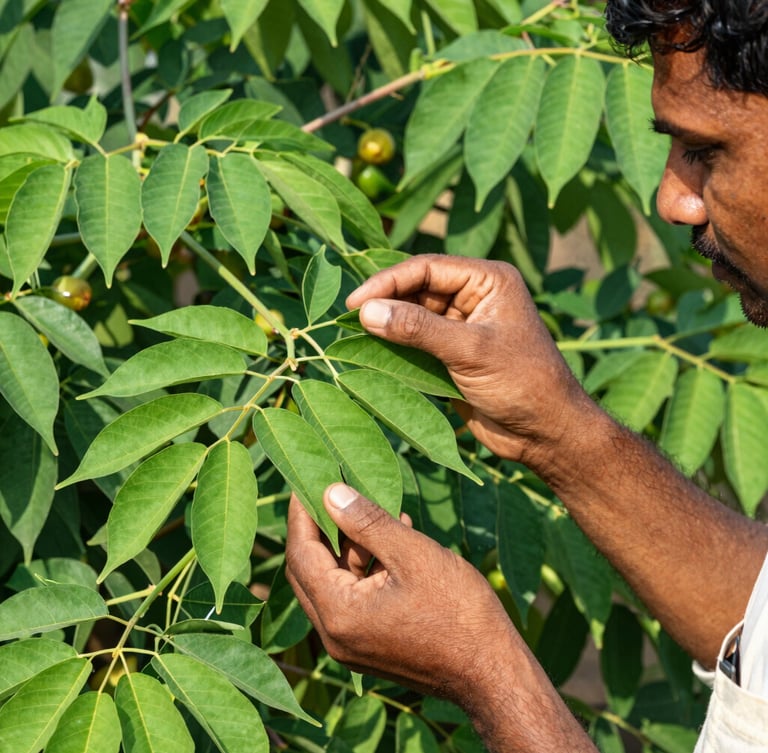 Close-up editorial photography of a Maharashtra farmer inspecting healthy green Moringa leaves on a sunny day, sharp focus, rich green tones, 35mm.