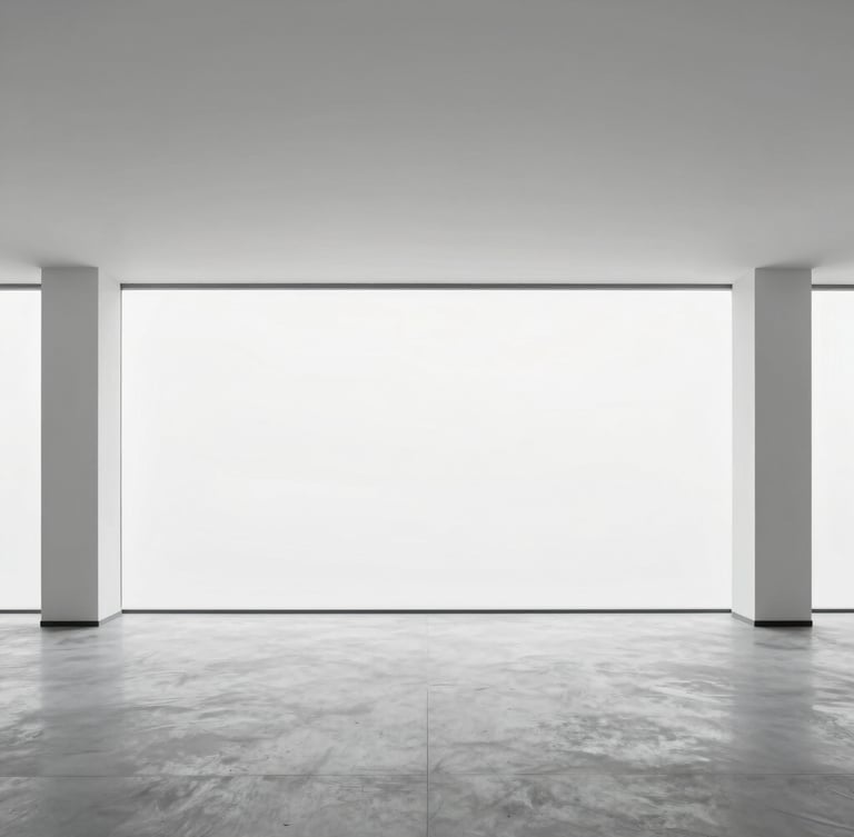 Wide-angle architectural shot of a high-end minimalist office interior, bright overcast daylight, cool desaturated tones, sharp focus, 35mm lens