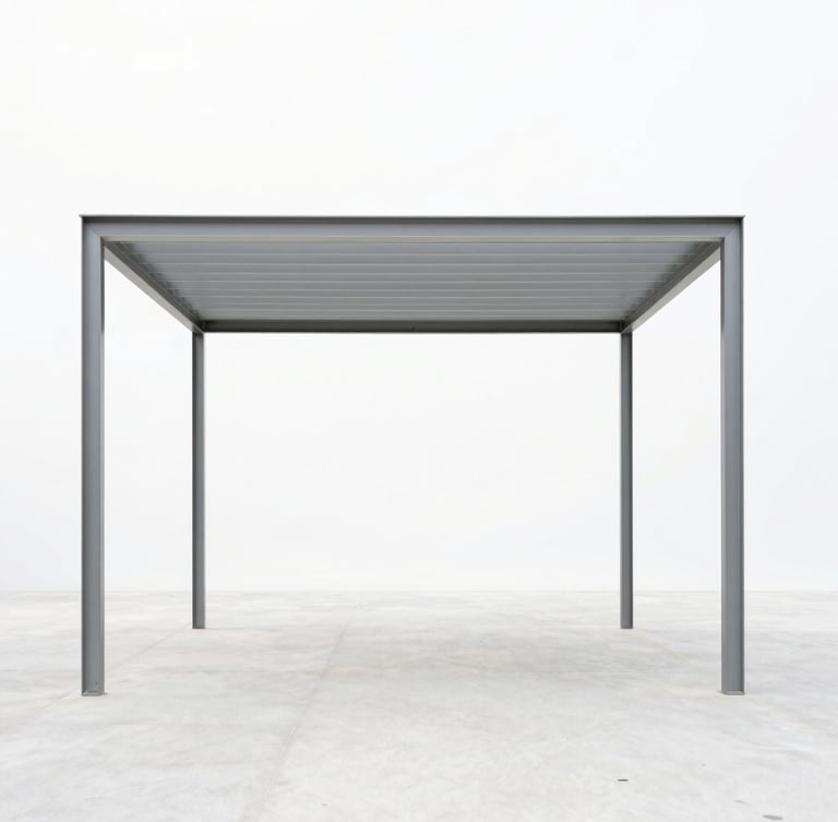 Straight-on geometric architectural photograph of a minimalist steel-framed garden pavilion under bright overcast daylight, cool desaturated tones, sharp focus, 35mm lens, showing clean structural joints and generous negative space
