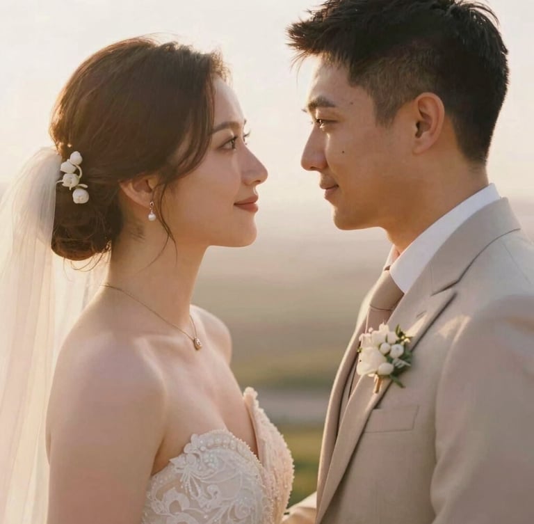 Warm editorial wedding couple portrait, golden-hour backlight, soft champagne and blush tones, shallow depth of field, 35mm film, looking at each other