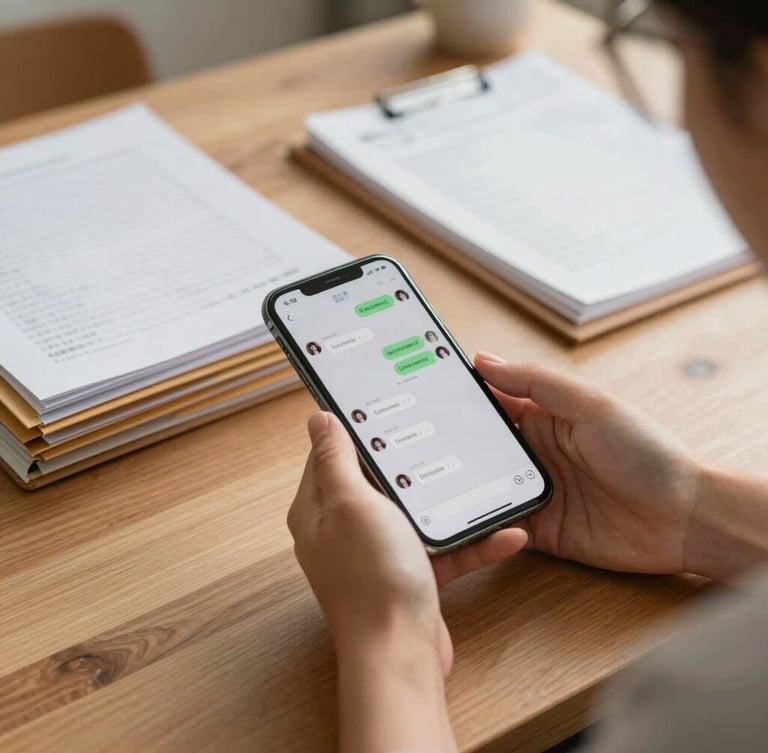 Warm natural daylight, close-up of a woman's hands holding a smartphone displaying a clean chat interface next to organized paper folders on a wooden desk.