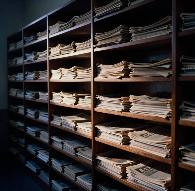 Moody editorial photography of a quiet, empty newsroom archive at dusk, dramatic chiaroscuro lighting, rows of wooden shelves with old newspapers, deep ink-blue shadows and warm cream highlights, 35mm film grain.