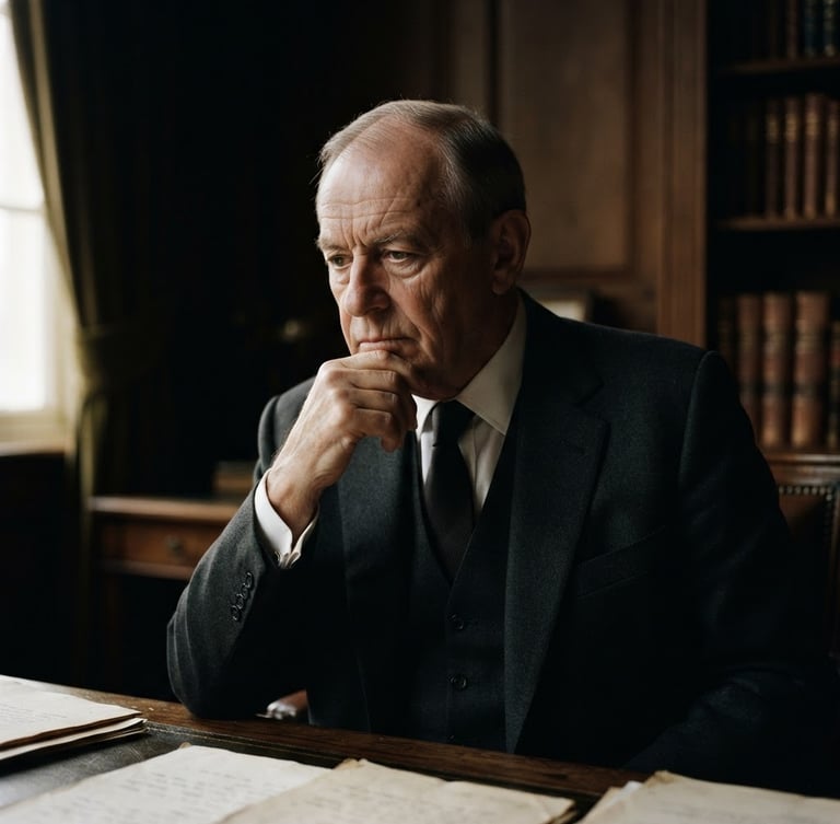 Dramatic chiaroscuro portrait of an elderly statesman in deep thought, soft window light casting long shadows, warm cream tones, 35mm film grain style