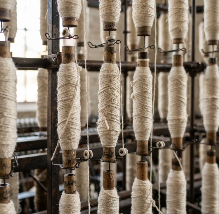 Macro close-up of raw cotton yarn on industrial loom spindles, bright natural daylight, crisp textile textures, neutral clean tones.