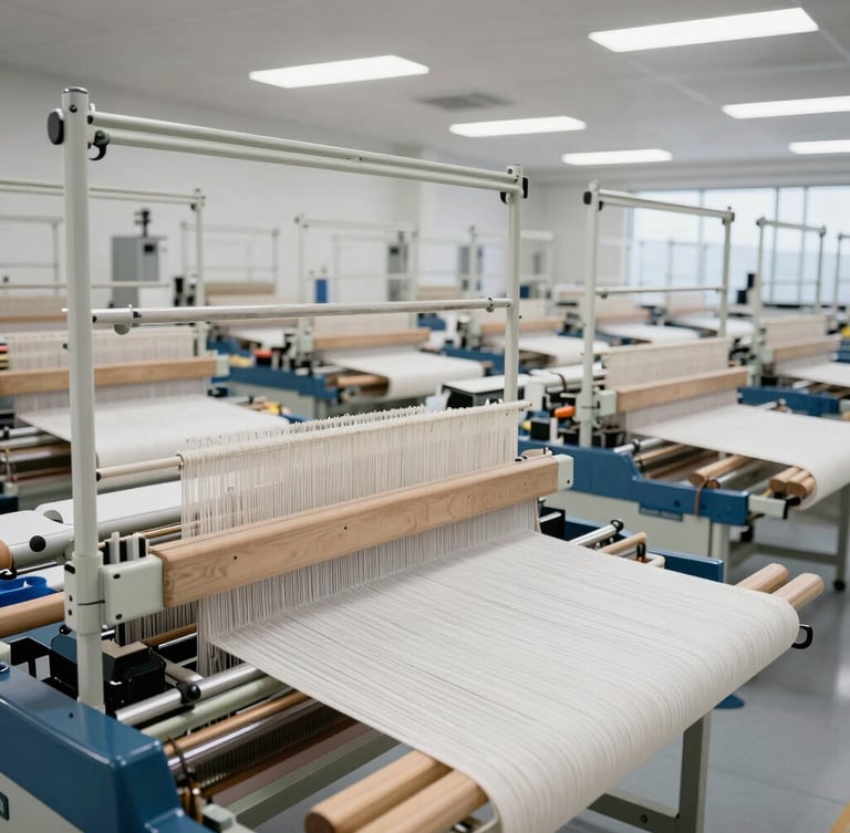 Wide environmental shot of a clean, modern textile manufacturing facility floor in Karur, rows of active weaving looms, bright industrial studio lighting.