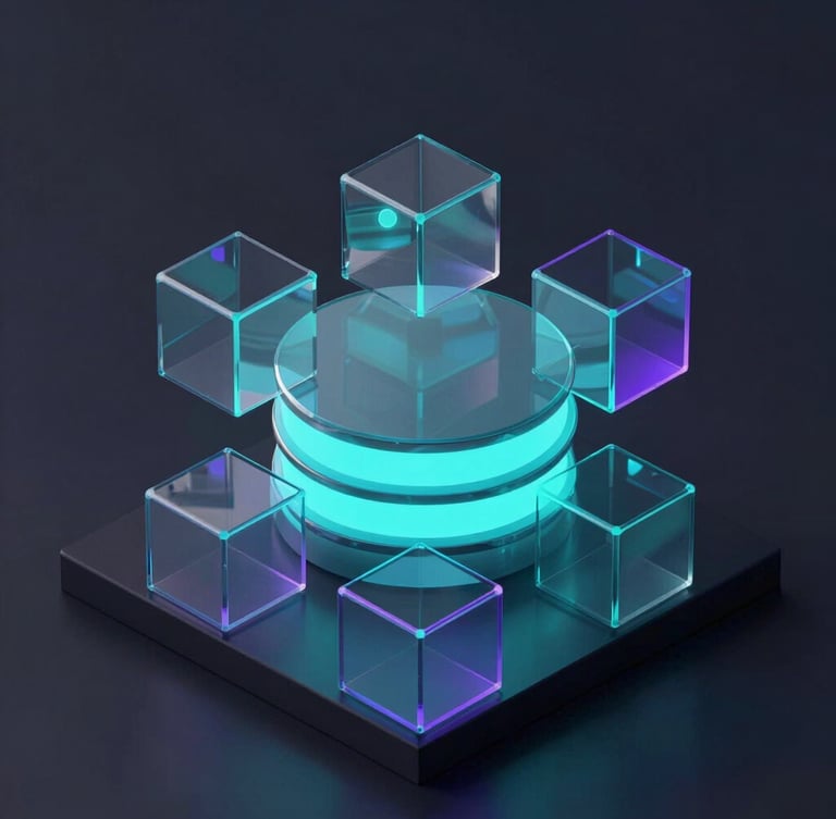 Isometric 3D render of abstract geometric glass nodes representing secure cloud databases, glowing neon turquoise and violet highlights, dark obsidian background, octane render