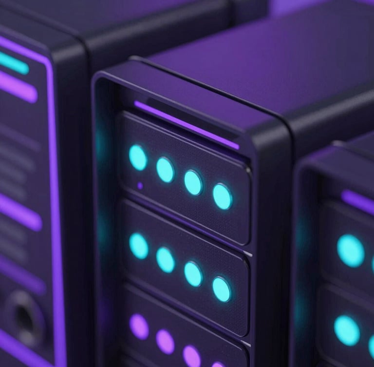Macro close-up of server hardware with precise glowing status indicators, dark-themed developer interface overlay, neon violet and turquoise lighting, sleek 3D render