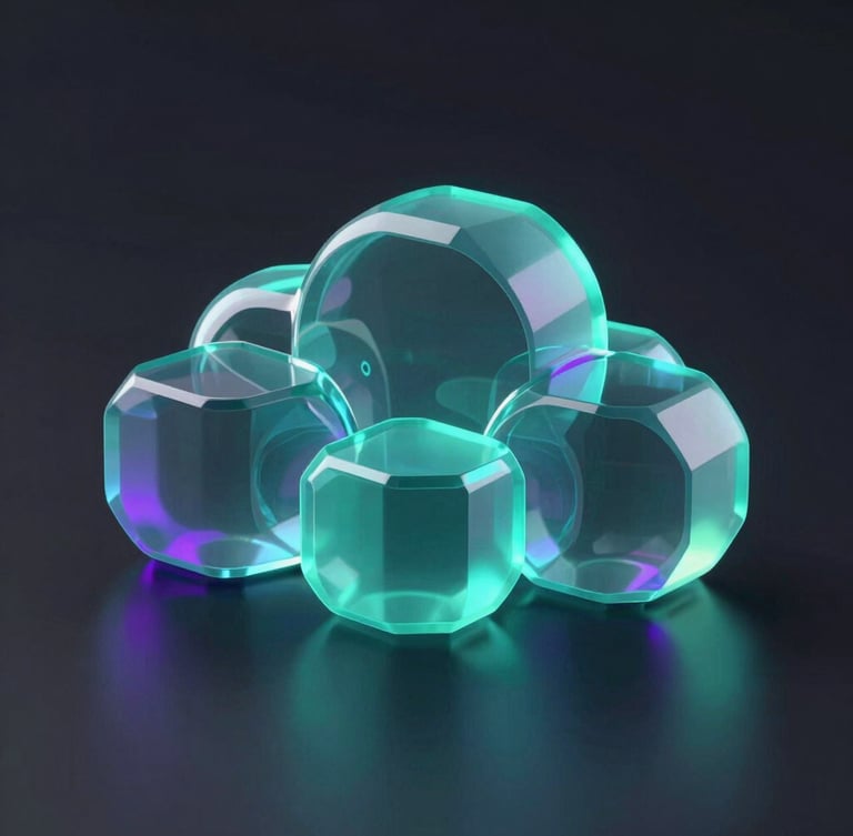 Sleek 3D render of abstract geometric glass nodes representing cloud databases, glowing neon turquoise and purple accents, dark obsidian background, octane render