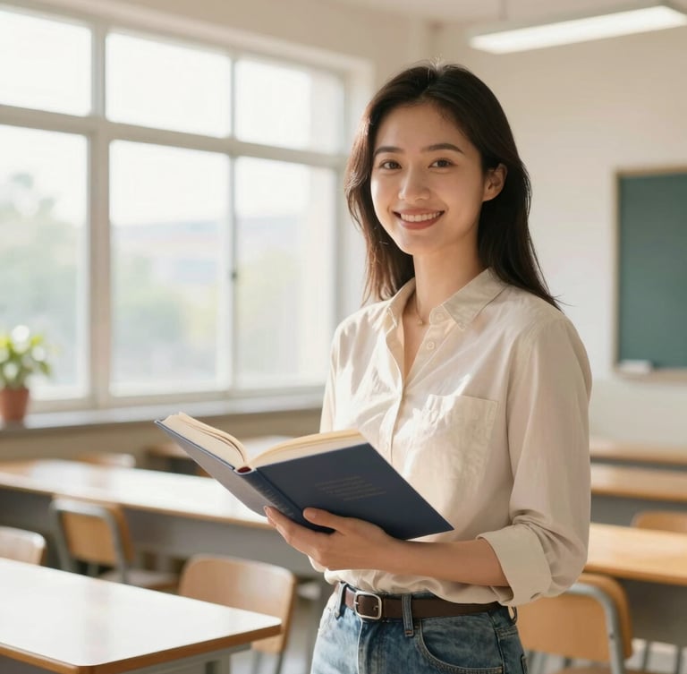 Bright editorial portrait of a smiling female teacher in a modern, sunlit classroom, holding a book, natural window daylight, warm tones.