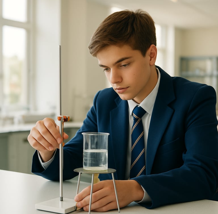 Medium shot of a high school student in a blue uniform conducting a physics experiment in a bright, modern science lab, natural window light