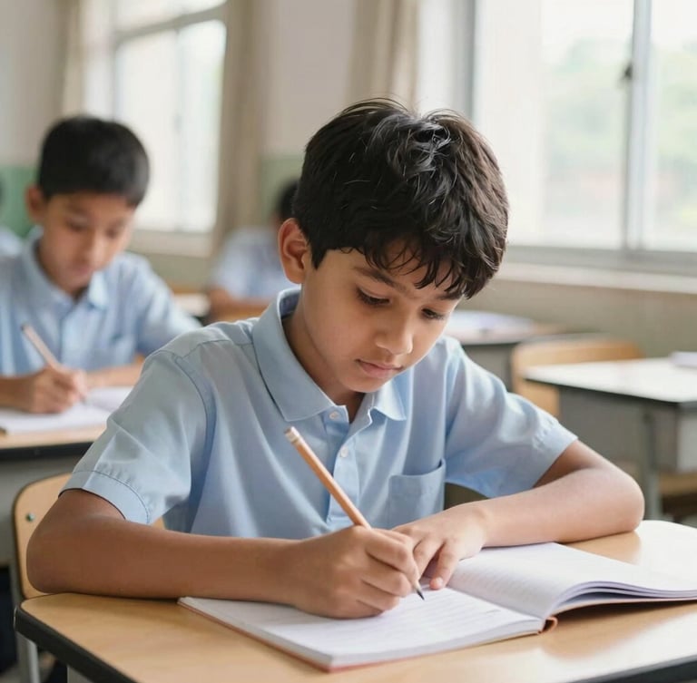 Medium shot of a young student in a bright, daylight-filled classroom in Patna, writing in a notebook with a wooden pencil, soft background focus, warm tones.