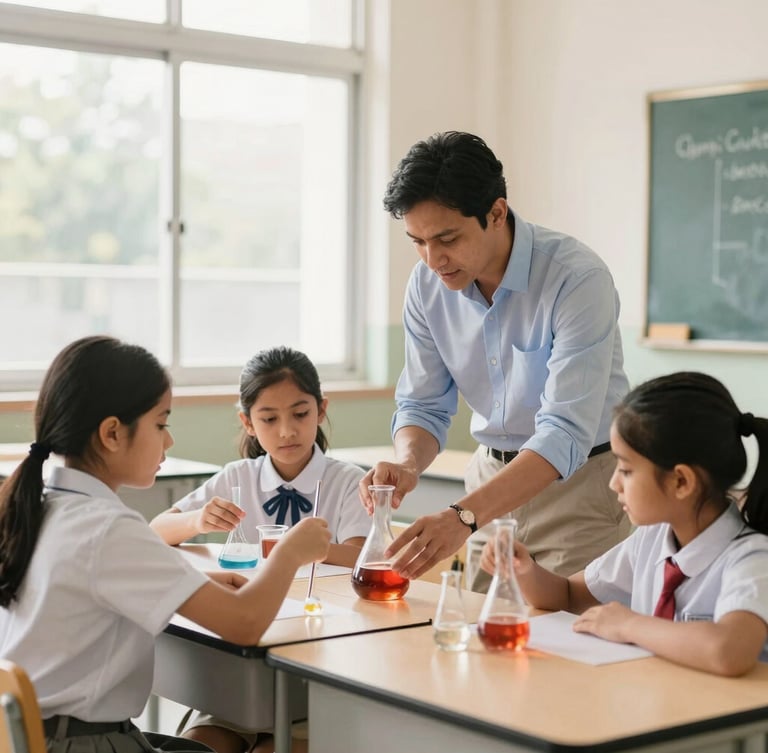A bright, modern classroom in Patna with natural window daylight. A certified mentor guides primary students during an active science experiment.