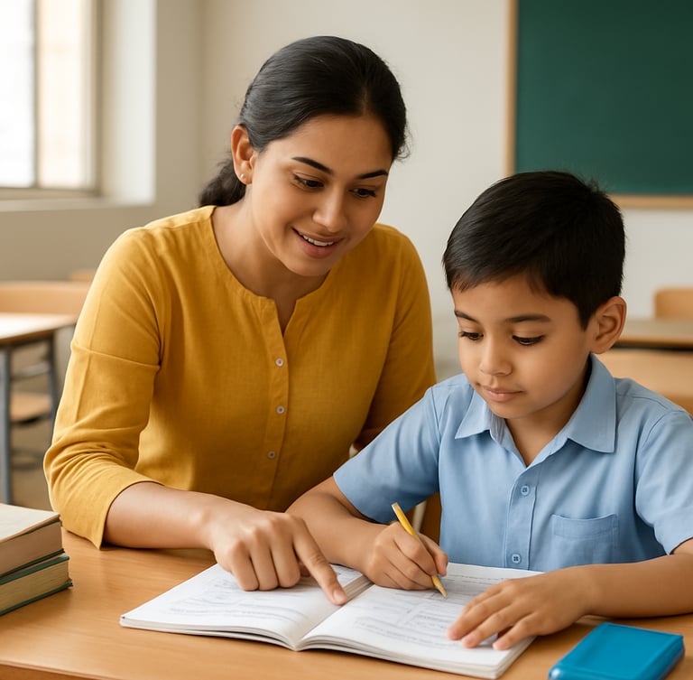 A bright medium shot of a modern classroom in Patna, natural window daylight, a certified teacher guiding a young student with structured learning materials on a wooden desk
