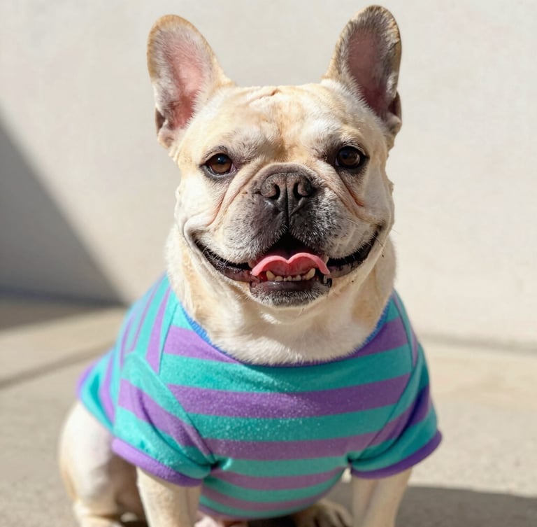 A happy French Bulldog wearing a colorful handmade teal and mauve striped shirt, sitting comfortably in warm, sunny outdoor daylight, eye-level close-up, vibrant pet photography