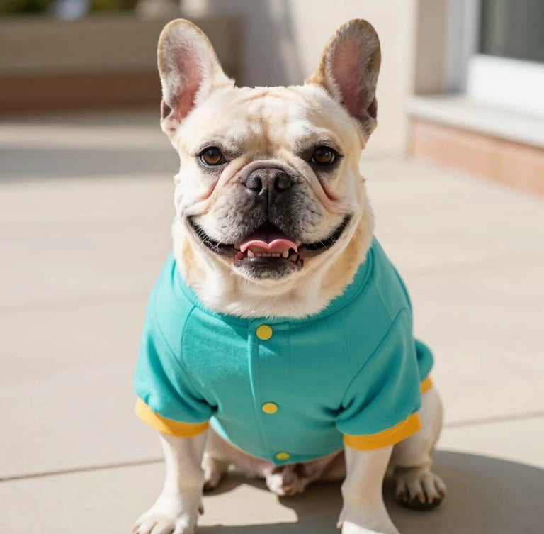 A happy French Bulldog wearing a colorful custom-tailored teal shirt, sitting comfortably in bright warm natural daylight on a clean patio, eye-level medium shot