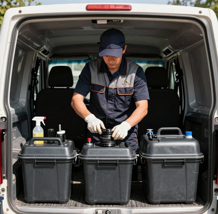 Portrait shot of a professional cleaning crew member in branded uniform, focused on organizing heavy-duty cleaning equipment in a utility vehicle. Sharp high-contrast photography, bright natural daylight, crisp clean details, deep charcoal tones.
