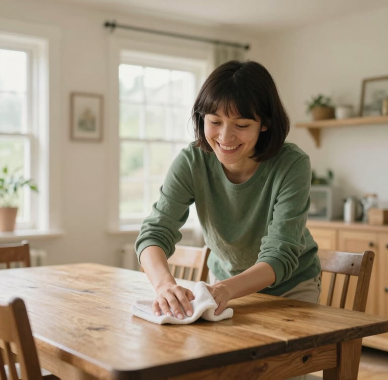 A family cleaner smiling while wiping a wooden dining table in a cozy, sunlit Buckinghamshire home, soft natural light, 35mm