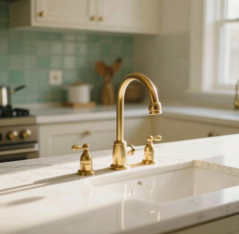 Warm sunlit domestic kitchen interior, polished brass taps, soft natural afternoon light reflecting off clean marble countertops, cozy cream tones, shallow depth of field, 35mm