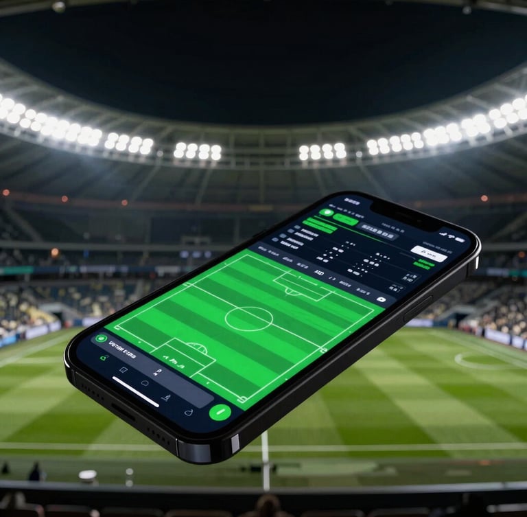 Dramatic stadium lighting reflecting on a dark smartphone screen displaying analytical sports charts, high contrast, neon green accents, sharp focus, 35mm