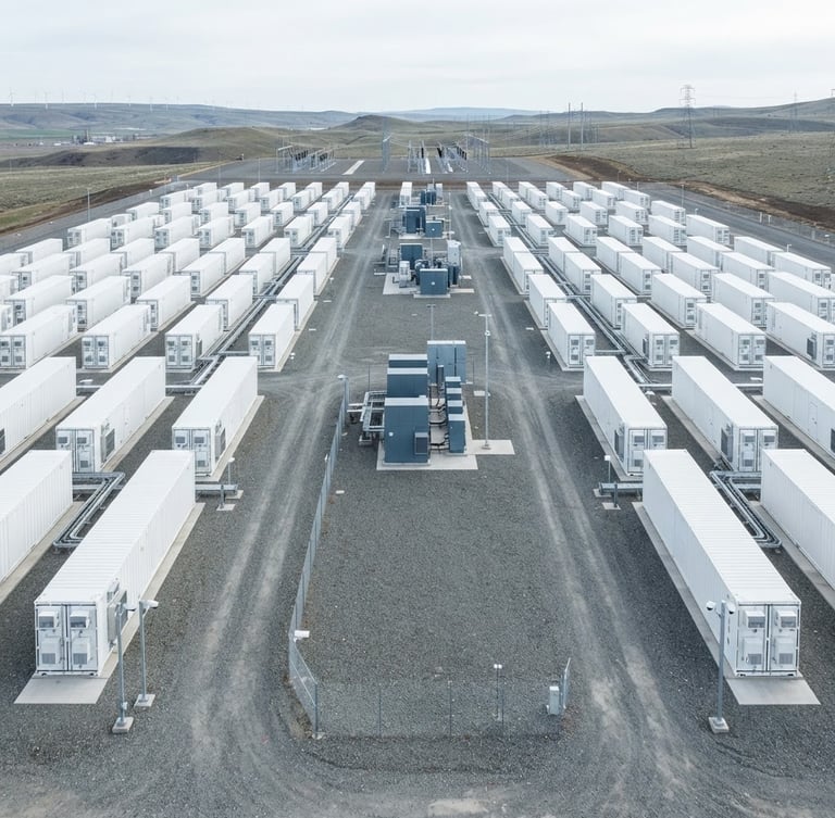 Wide high-angle technical photograph of a utility-scale battery energy storage system installation, clean white containerized battery units, gravel ground, bright overcast daylight, cool slate and blue tones, sharp architectural focus.