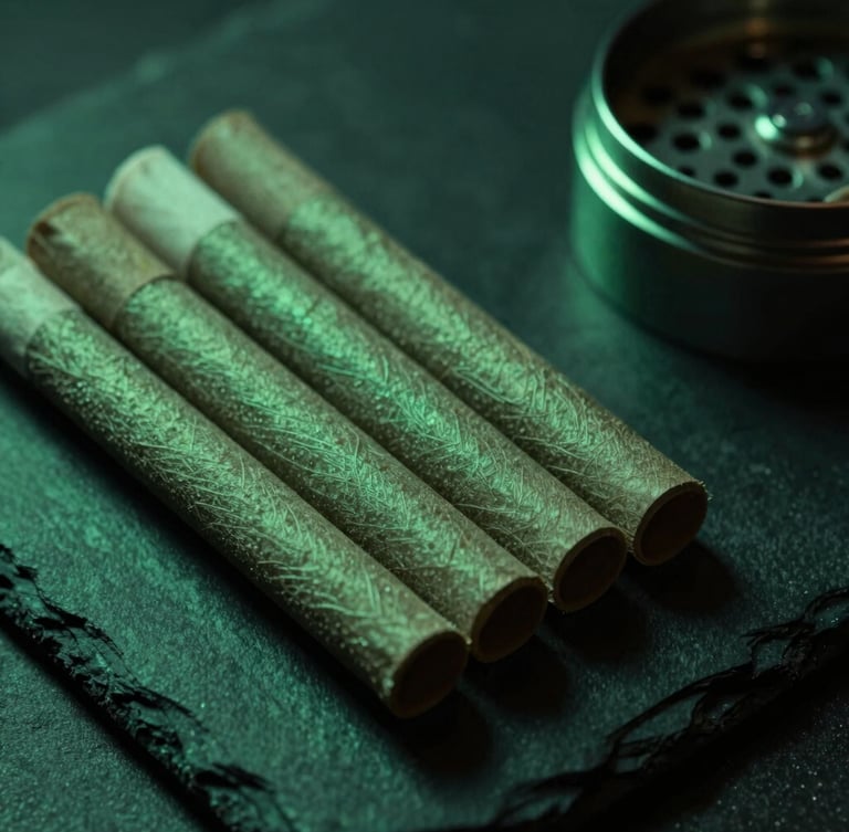 Macro shot of premium textured rolling papers and a polished metal grinder resting on a dark slate surface, emerald green ambient backlighting, moody atmosphere