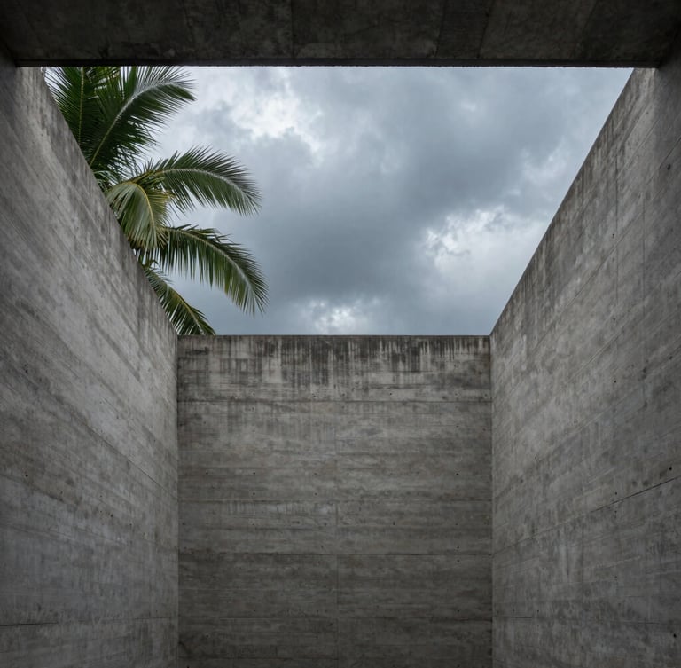 A vertical architectural shot of a minimalist concrete courtyard in Dhaka, looking up towards a rectangular opening framing a cloudy monsoon sky, tropical green leaves draping over the raw concrete edge, dramatic natural light.