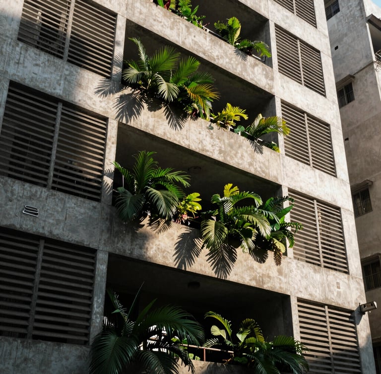 Wide-angle architectural elevation of a Dhaka residential building, raw concrete louvers casting deep geometric shadows, lush tropical greenery spilling from a recessed balcony, natural afternoon light.