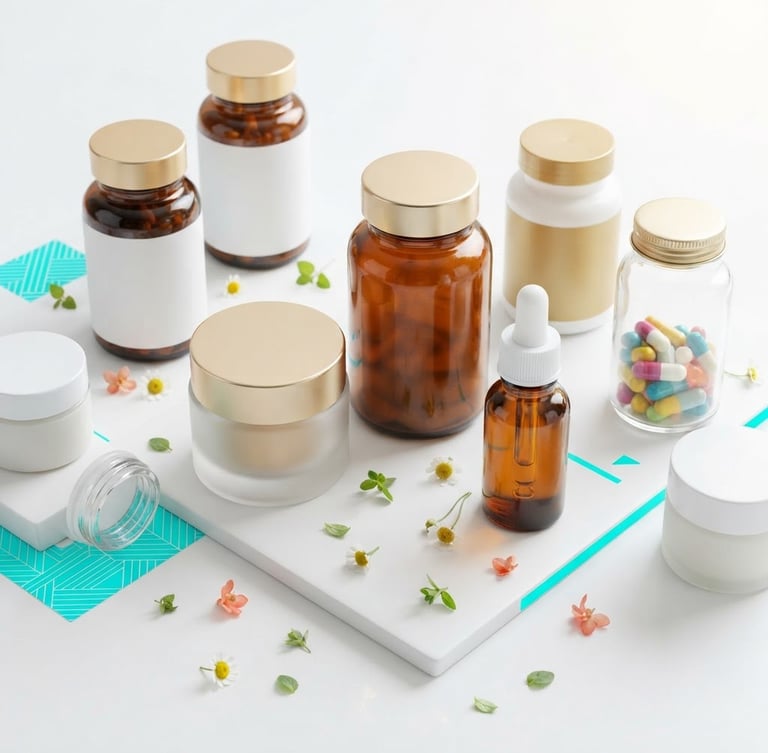 Bright high-key studio shot of premium supplement bottles and cosmetic jars on a clean white background with subtle electric teal accents, warm daylight, 50mm
