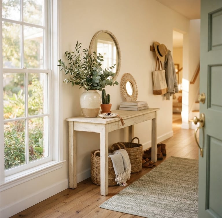 Sunlit, beautifully organized South Texas home entryway, soft morning window light filtering through, warm cream and sage tones, shallow depth of field, 35mm photography.