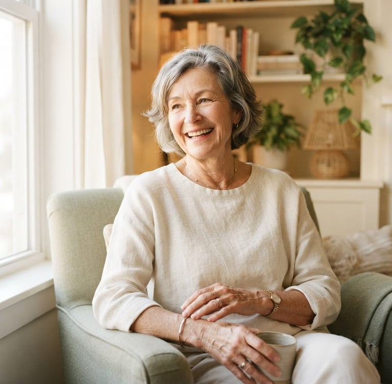 Sunlit editorial portrait of an active senior woman laughing softly in a warm cream-toned living room, morning window light, shallow depth of field, 35mm