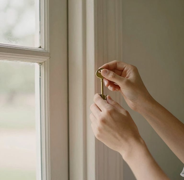 A close-up of hands holding a brass key near a beautifully detailed wooden door frame of a historic South Texas home, soft morning light.