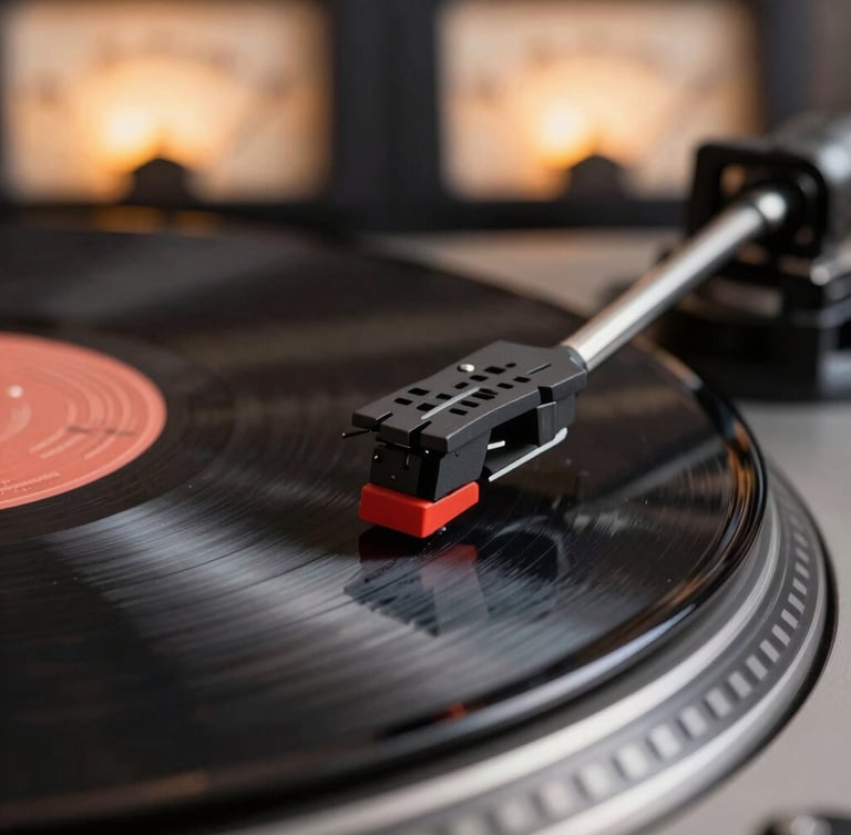 Extreme close-up macro shot of a turntable needle riding the grooves of a spinning black vinyl record, warm low-light glowing meters in the background