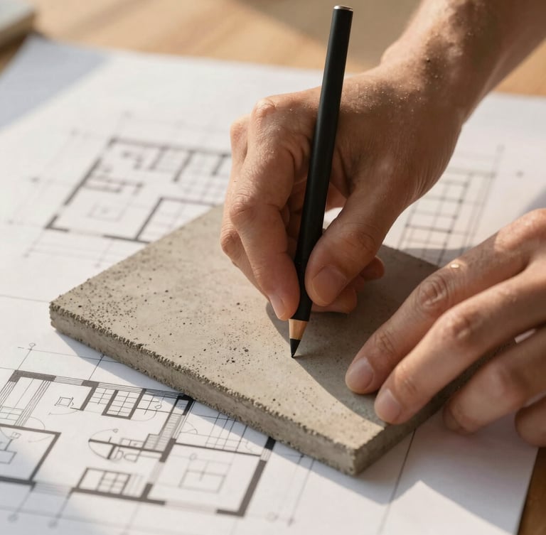 Close-up of a designer's hands overlaying architectural renovation plans on top of a textured concrete sample, warm daylight, 35mm, editorial residential design.