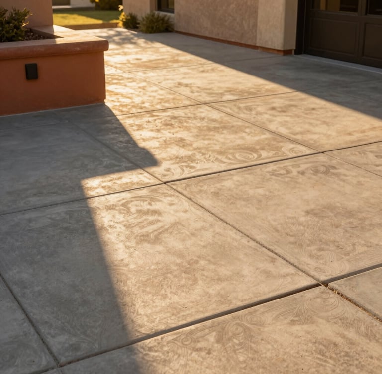 Low-angle architectural wide shot of a pristine decorative concrete patio in Escondido, warm golden-hour sunlight casting long shadows, clean lines, terracotta accents nearby, 35mm photography