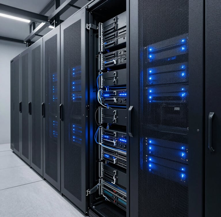 Wide architectural crop of a modern server room with clean blue-toned LED indicators, structured cabling, and metallic racks, minimalist composition.