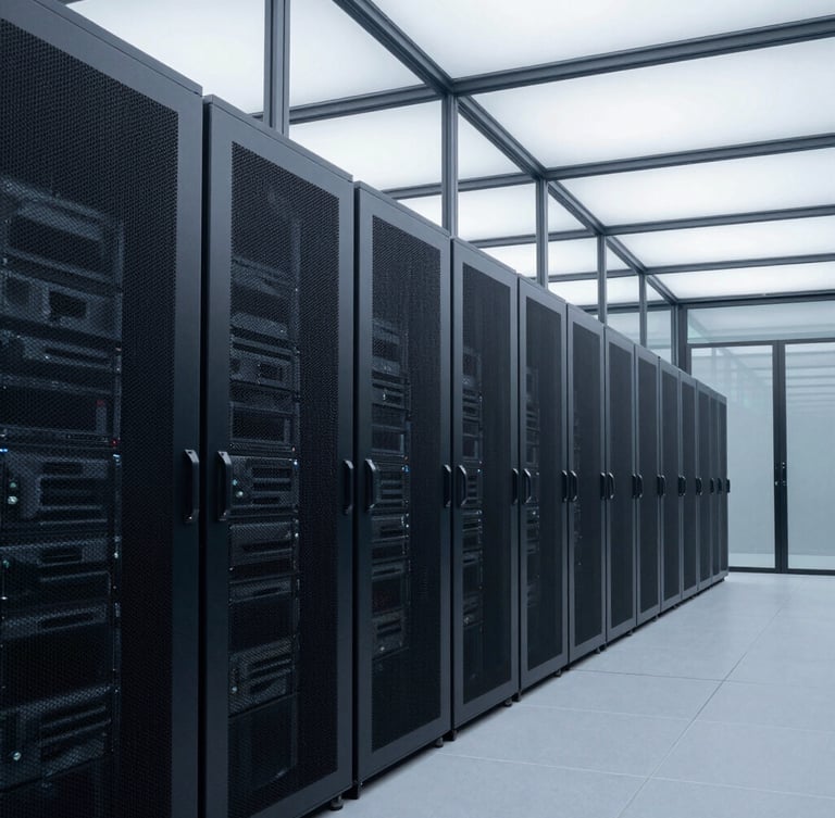 Wide architectural line of a clean, structured server room, cool overcast daylight filtering through glass panels, server racks aligned in deep perspective, no people.