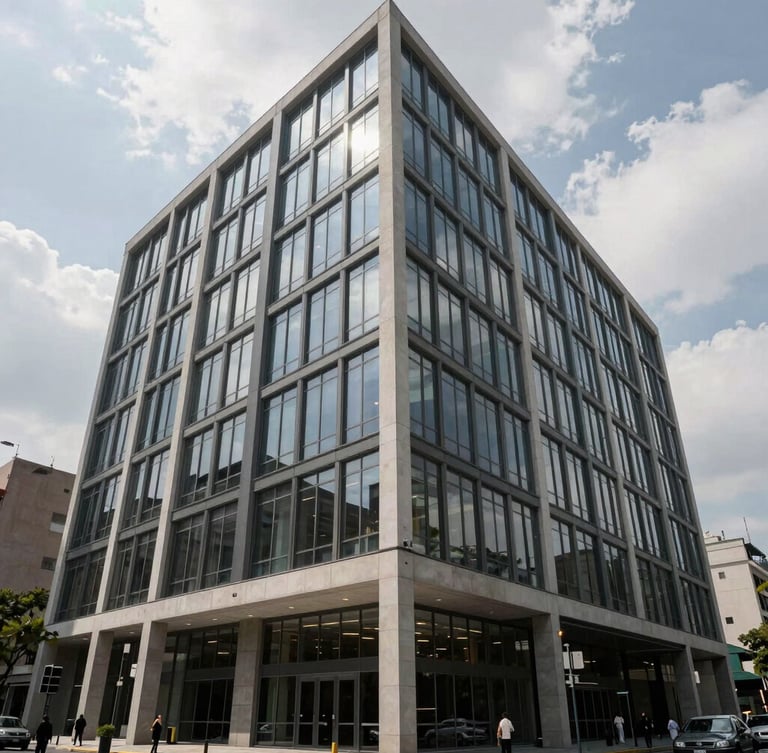 Wide architectural view of a modern structured office in Mexico City, overcast daylight filtering through large windows, clean lines, professional atmosphere.