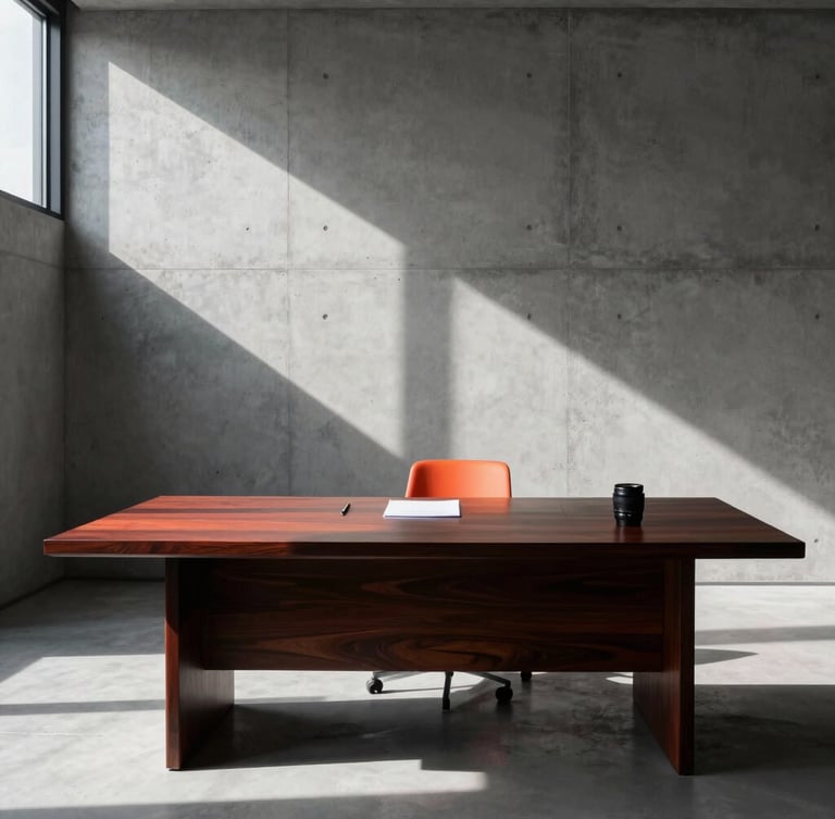 Minimalist modern boardroom with sharp concrete lines, dramatic high-contrast window shadows, a sleek dark wood desk with signed contracts, warm key light, 35mm lens