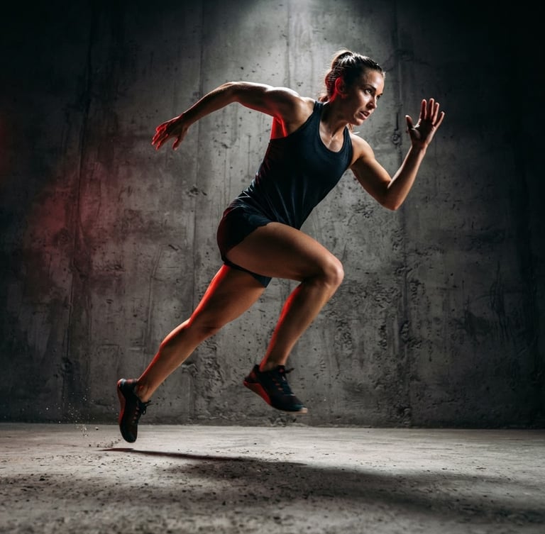 Dynamic low angle shot of an athlete in mid-motion against a minimalist concrete wall, sharp high-contrast studio lighting, dramatic shadows, red accent light, 35mm lens