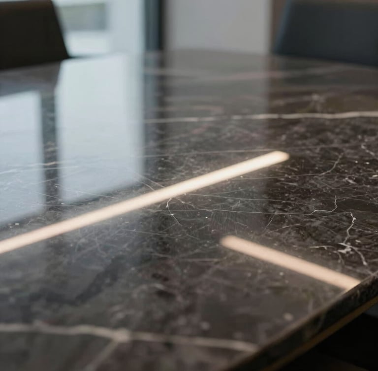 Close-up detail of a dark marble boardroom table reflecting clean overhead architectural lighting lines, minimalist corporate setting.
