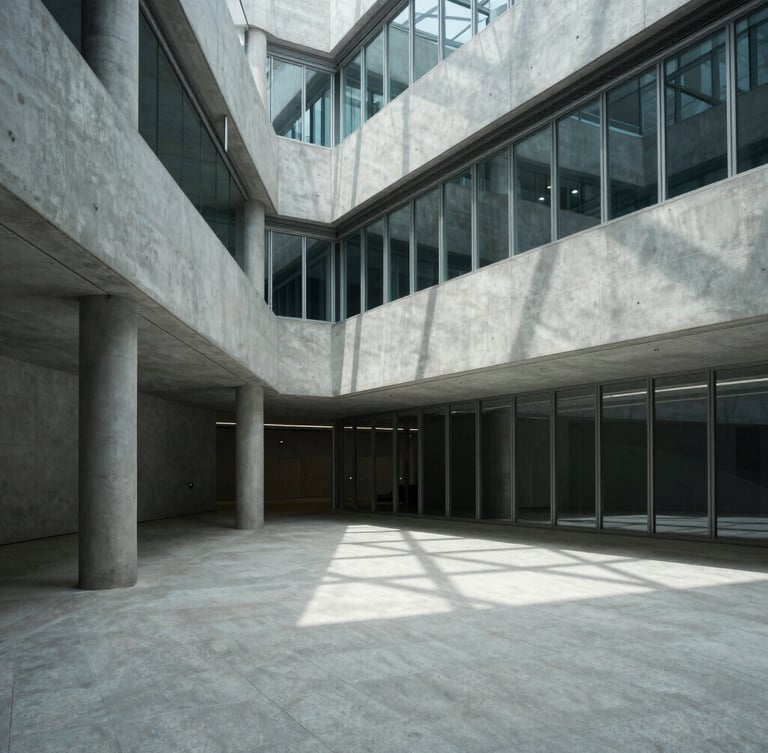 Wide-angle architectural view of a minimalist concrete and glass corporate atrium, cool diffused daylight casting sharp diagonal shadows, structural steel columns, empty space on the left.
