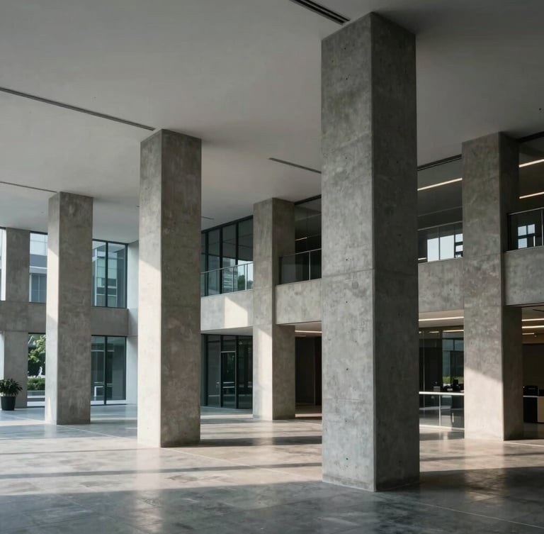 Wide-angle architectural perspective of clean concrete pillars and sharp shadows in a modern Jakarta office lobby, diffused cool daylight.