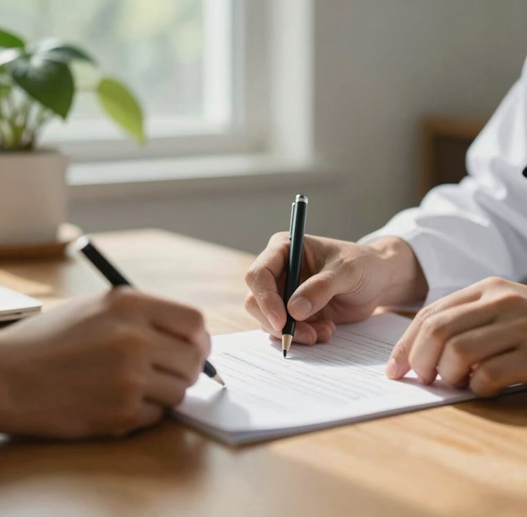 A close-up of a doctor's hands reviewing medical credentials on a warm wooden desk, soft natural window light filtering through green leaves, shallow depth of field, 35mm